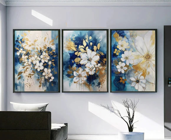 3-Piece Blue Floral Wall Art Set